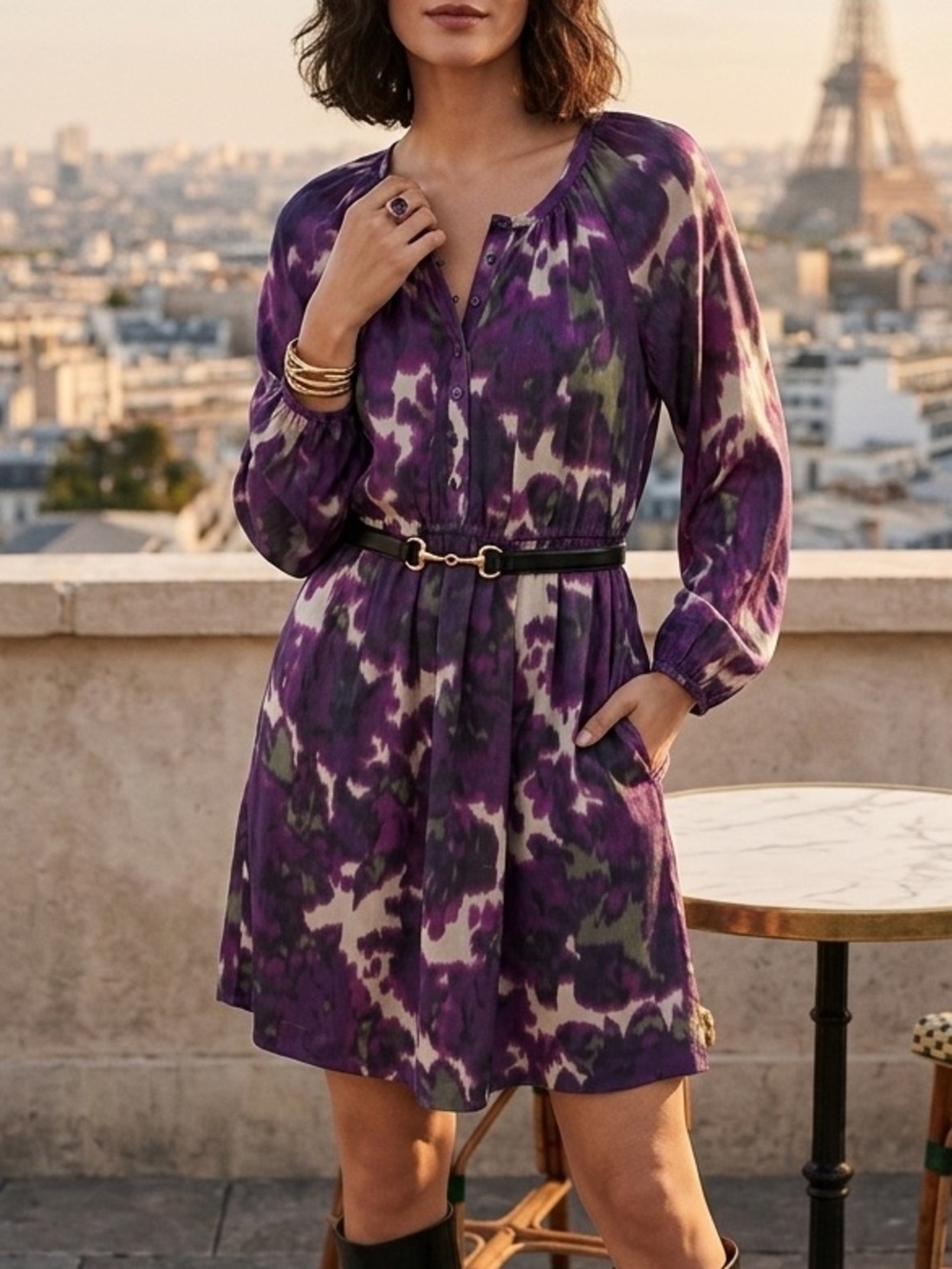 J.Crew Purple Silk Abstract Floral Ikat Mini Dress Long Sleeve 50357 Size 0